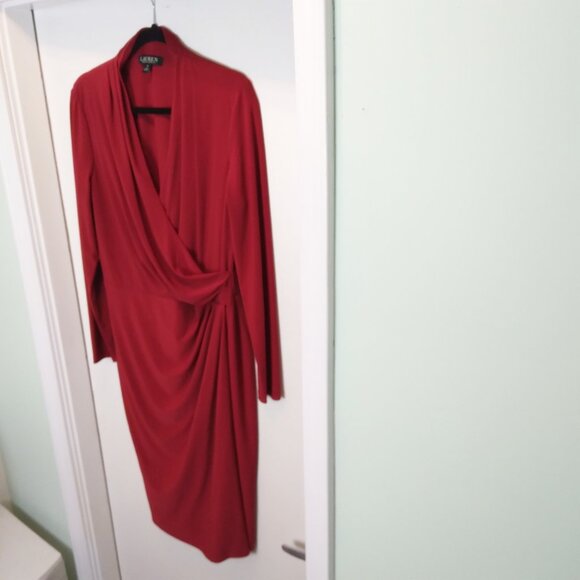 Ralph Lauren Red Surplice Neckline Draped Ruched Long Sleeved Stretch Dress Sz12 - Picture 3 of 14
